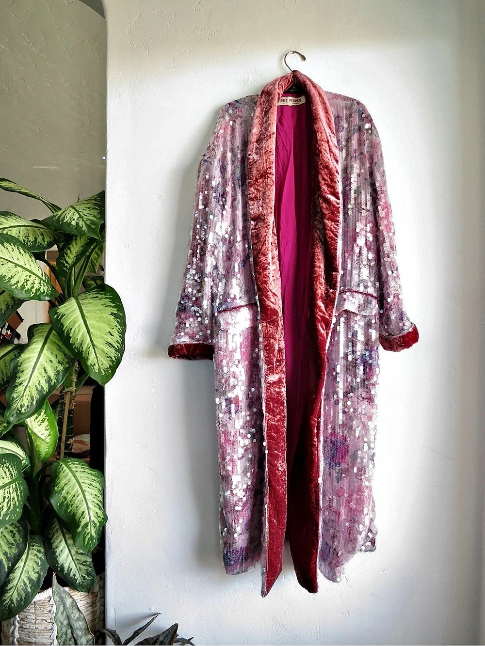 Free People Kealey Kimono Sequin Floral Trench Coat in Pink Size Small